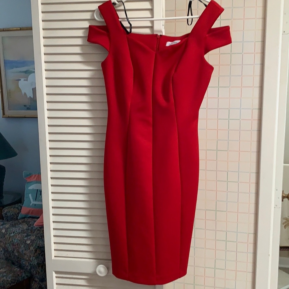 New Calvin Klein Red Fitted Dress , Off Shoulder , Knee Length Size 4